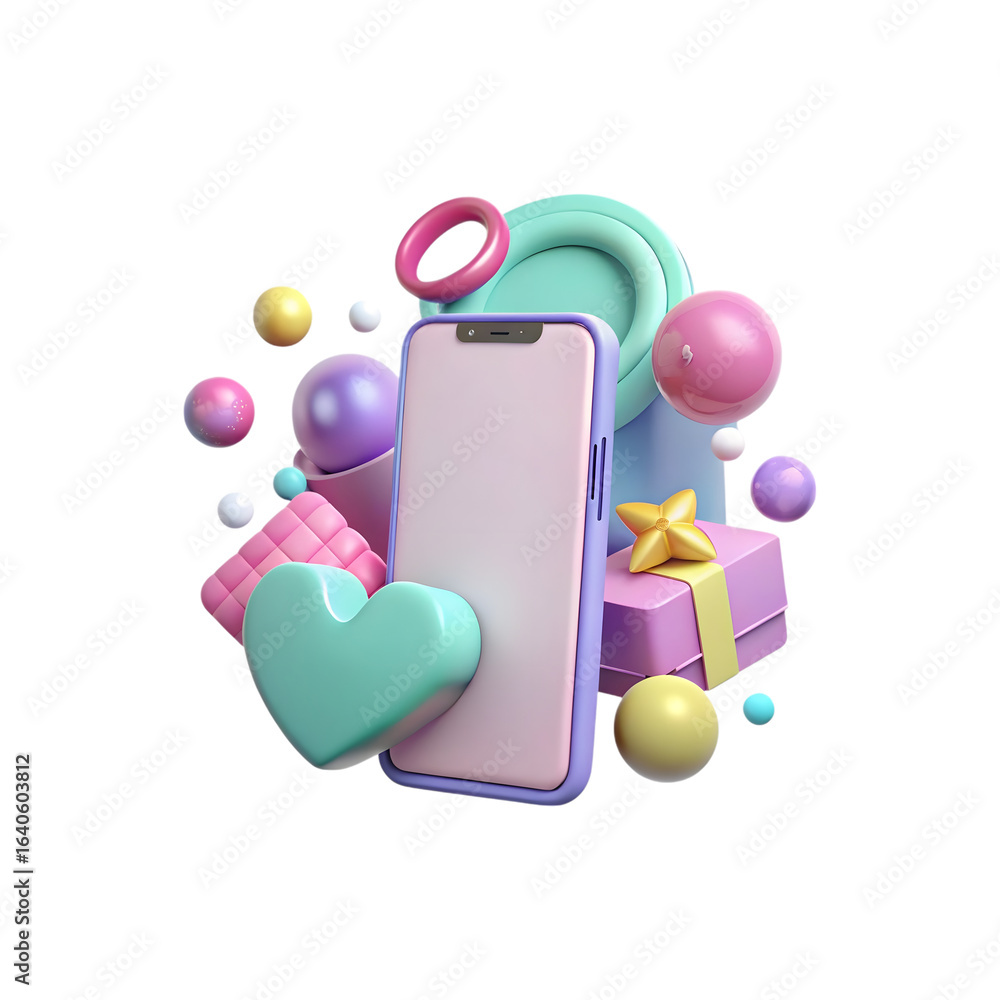 Poster modern smartphone surrounded by colorful abstract shapes and gifts isolated on transparent backgroun