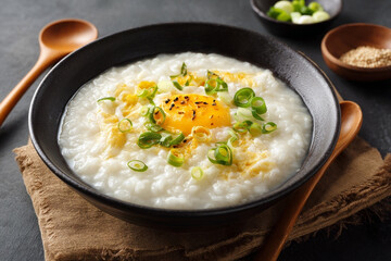 Close up shot of rice porridge in a black bowl with egg yolk and green onions on top view