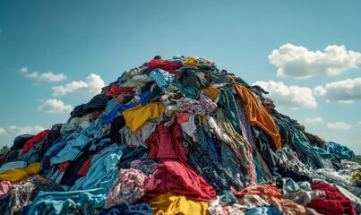 Heap of clothes tossed into a landfill, highlighting the environmental impact of fast fashion and promoting sustainable fashion alternatives, Generative AI