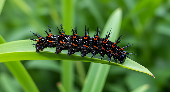 Close-up of vibrant black caterpillars with orange and white markings on a green leaf