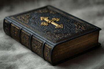 Fototapeta premium Ornate antique bible with golden cross emblem