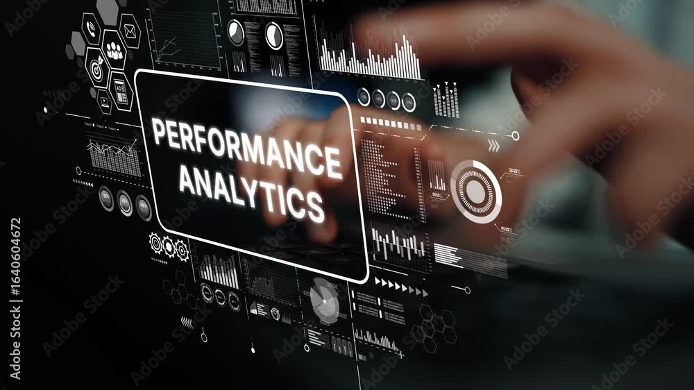 Poster hands engaging with digital interface for performance analytics data visualization and analysis in m
