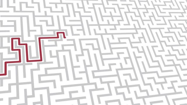 labyrinth concept: a red line traces the path, tracking shot animation