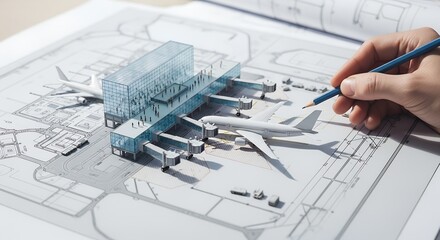 Architectural design of airport with miniature model and blueprints.