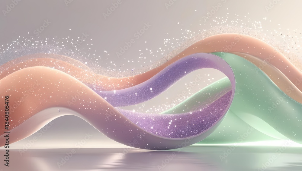 Poster a softly lit abstract background showcases pastel-colored flowing ribbons intertwined with shimme pa