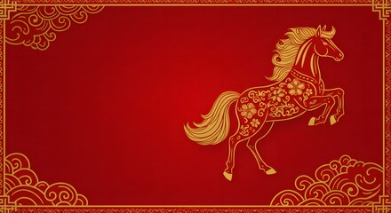 luxury red and gold chinese horse new year background, The horse is adorned with intricate golden patterns. a dynamic pose against a vibrant red background. 2026 new year with copy space for text, 