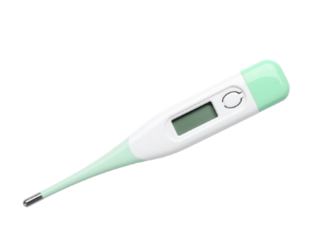 A digital thermometer with a clear display and a sleek, modern design, primarily in white and mint green colors.