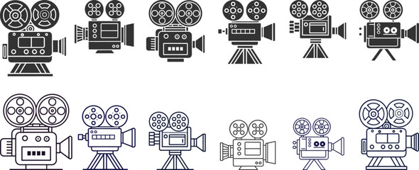 Vintage Film Camera Icons: Retro Movie Equipment Graphics, Black and White Line Art Styles, Nostalgic Filmmaking Illustration Set.