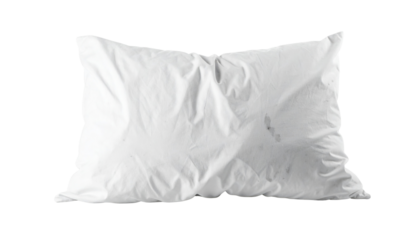 A wrinkled white pillow with slight smudges, showcasing a soft texture and casual appearance.