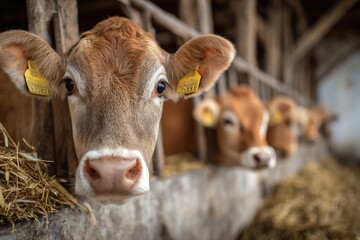 Three cows in a barn stall. Close-up of faces