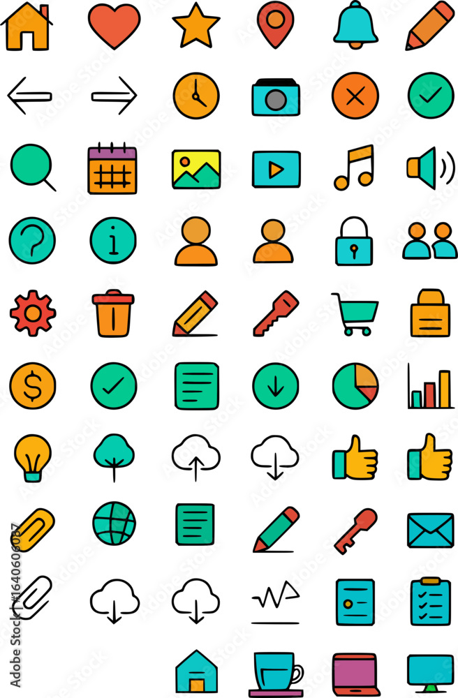 Aufkleber a colorful collection of outlined icons for web and mobile user interface design.