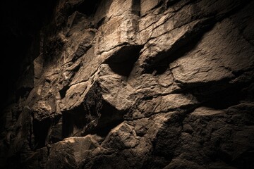 Close-up view of a textured rock wall,  illuminated with a spotlight