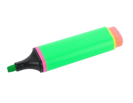 A vibrant green highlighter with an orange cap, designed for marking text and emphasizing important information.