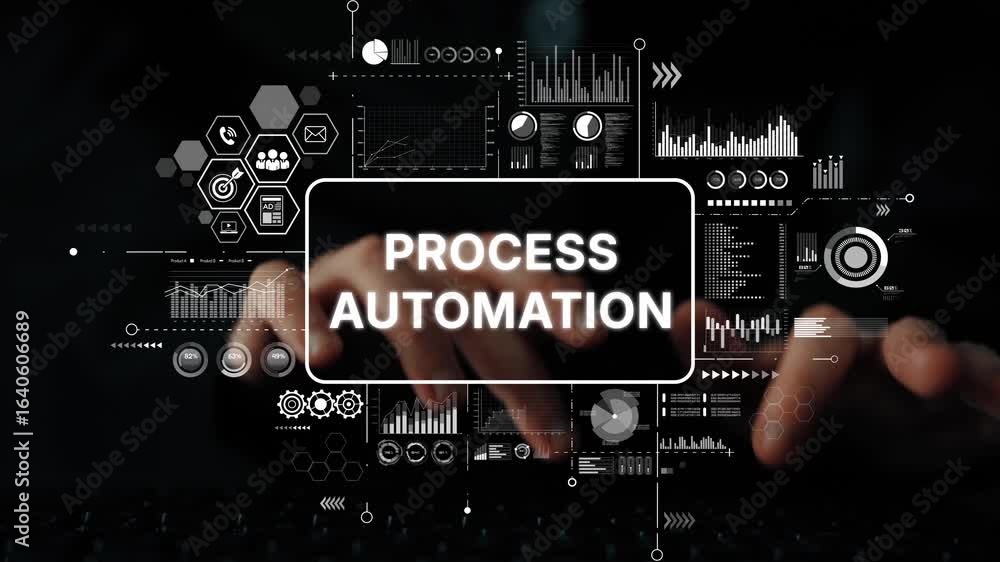 Poster hands typing on keyboard with process automation text and digital graphs overlay for technology and 