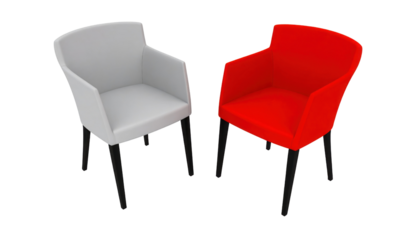 Two modern armchairs, one gray and one red, featuring a sleek design with rounded backs and four black legs.