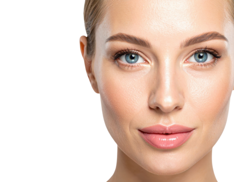 A close-up portrait of a woman with striking blue eyes and a smooth complexion, set against a black background.