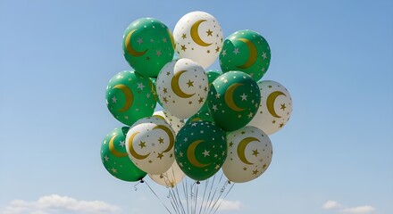 Bunch of white and green balloons with moon and star pattern against blue sky