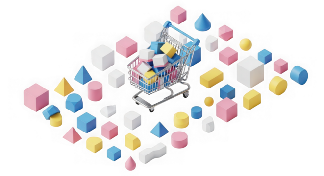 Ai generated image of shopping cart filled with geometric shapes isolated on transparent background
