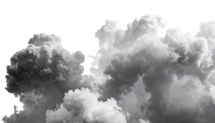 Majestic, billowing clouds in shades of gray and white against a stark black background create a striking visual contrast and an ethereal atmosphere.