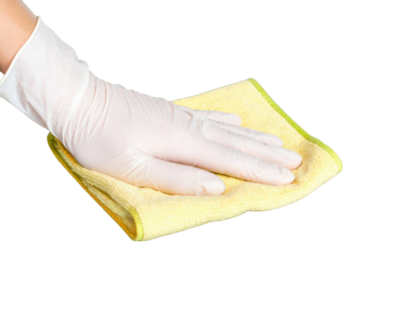 A gloved hand is cleaning a surface with a yellow cloth, emphasizing hygiene and cleanliness. - Powered by Adobe