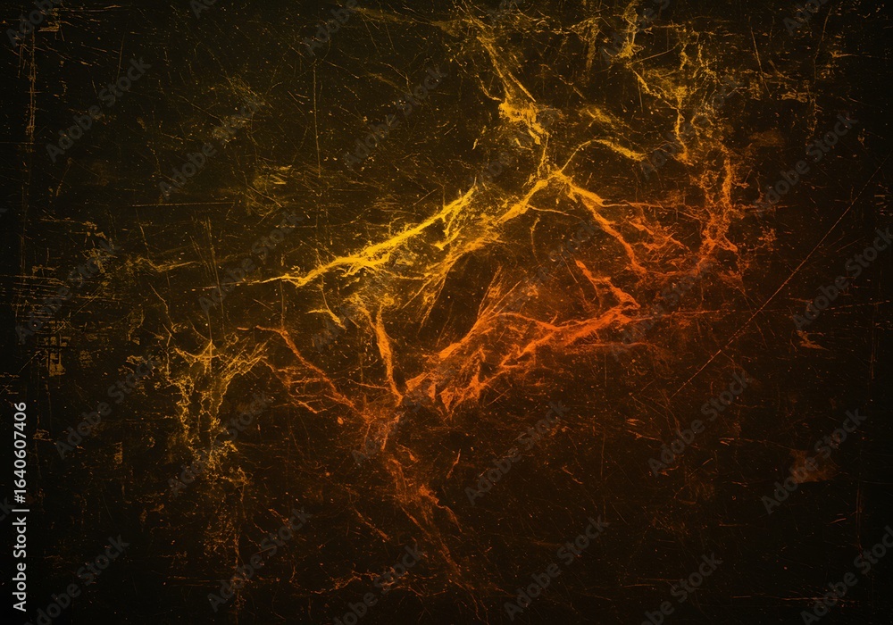 Poster an abstract background texture with a marbled effect, featuring luminous gold and orange on a dark s