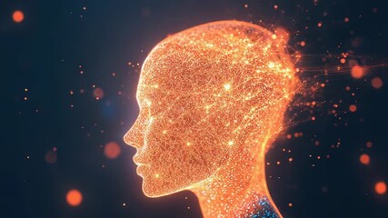 Artificial intelligence, human face emerging from futuristic particles of light - Powered by Adobe