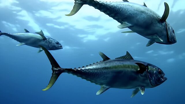 School of Tuna Swimming Together in the Blue Ocean Water with Natural Light