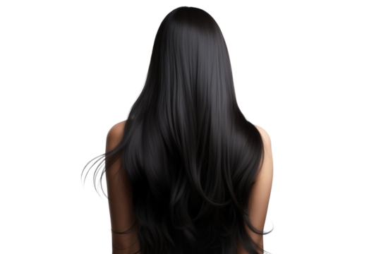 View from behind of a woman with long, beautiful dark hair cascading down her back. Captures concepts of beauty, health, hair care, and elegant style - Powered by Adobe