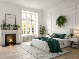 Elegant bedroom with fireplace and green accents Keywords: bedroom, elegant, interior, furniture
