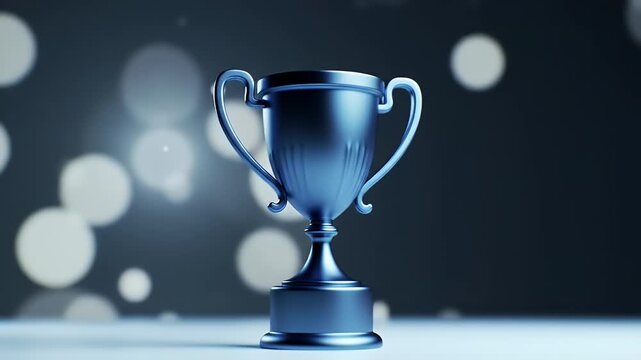 Shiny Silver Trophy on a Dark Background with Glowing Bokeh Lights