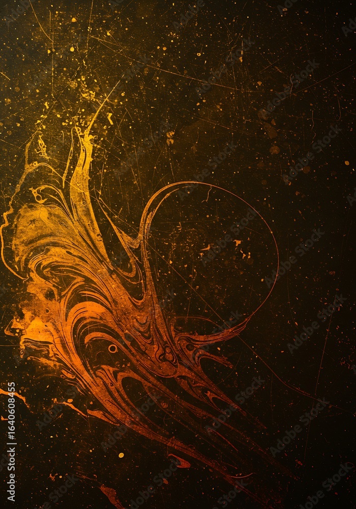 Poster abstract liquid pattern with distressed texture, showing a dynamic flow of gold, orange, and black c