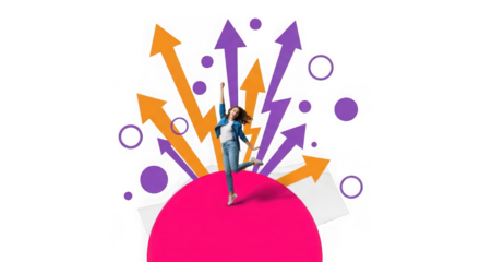 Ai generated image of woman jumping with colorful arrows symbolizing success and growth isolated on transparent background
