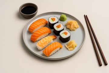 Elegant Sushi Platter with Soy Sauce and Wasabi