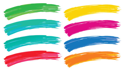 An illustration of eight colorful brush strokes in green, blue, red, yellow, pink and orange hues