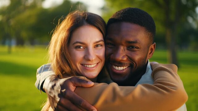 Tender multi ethnic couple embracing warmly while sharing genuine smile, expressing deep connection and joy within lush green park landscape, radiating romantic happiness and loving togetherness