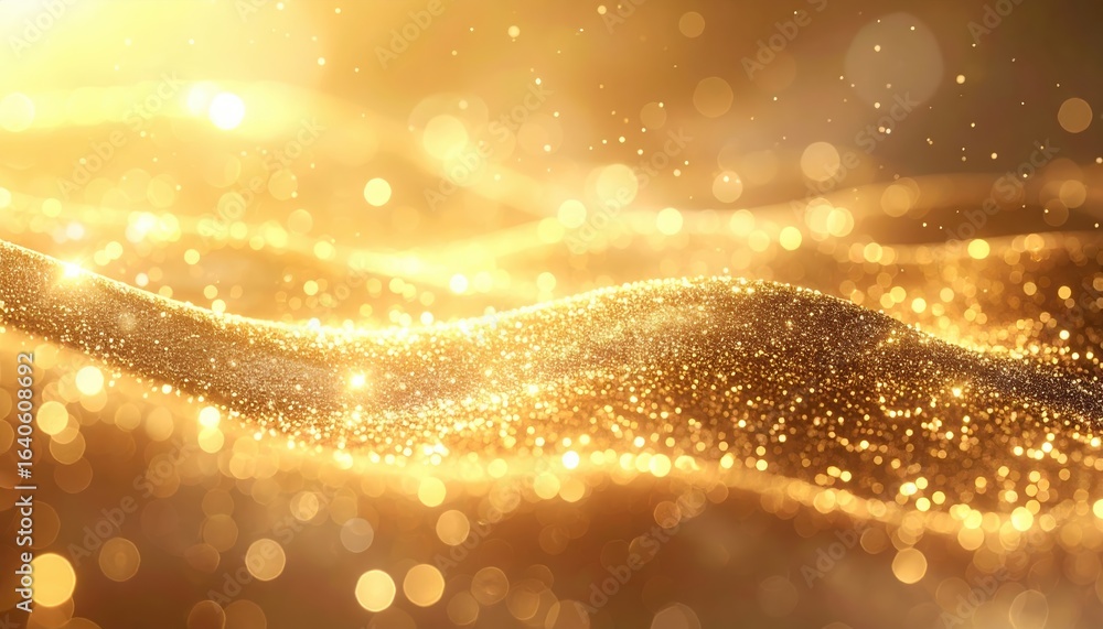 Poster an elegant golden glitter wave flows across the frame, creating a mesmerizing background filled with