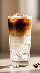 A tall glass filled with iced coffee, showcasing layers of milk, ice, and dark coffee, with coffee beans nearby.