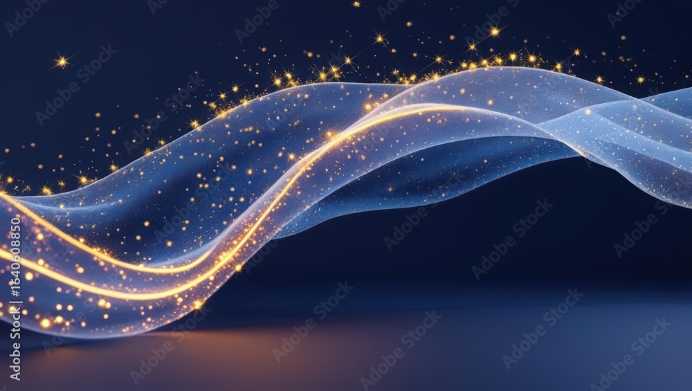 Poster glowing particles flow along a translucent wave, creating a mesmerizing display of light and movemen