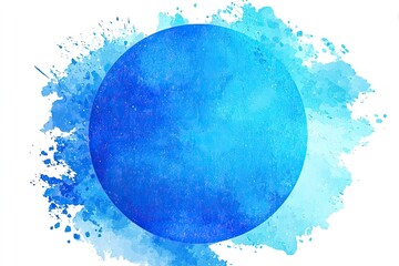 A vibrant, abstract design featuring a large, perfectly round, textured blue circle surrounded by splashy, blended washes of light blue