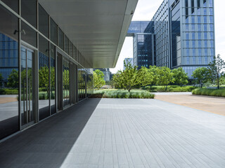 brick floor with modern office building