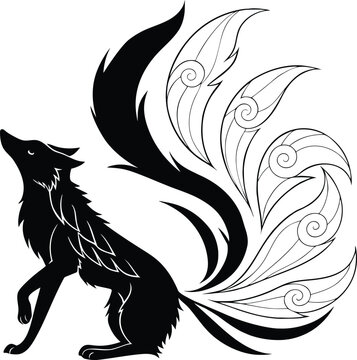 Majestic nine-tailed kitsune fox in a black and white stylized illustration, with an ornate tail design, embodying Japanese mythology and spiritual power.