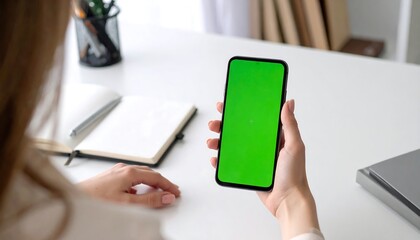 Person holding a smartphone with a green screen