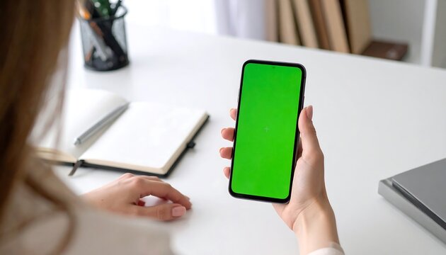 Person holding a smartphone with a green screen