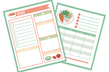 Healthy eating planner and meal tracker with food illustrations and checklists for organized nutrition and diet planning