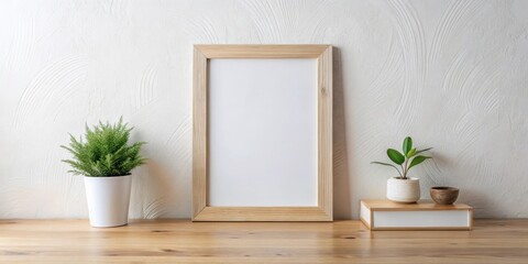 Blank frame mockup with potted plants on a wooden surface against a textured wall
