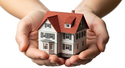 Hands cradling a miniature house symbolizing home ownership and security