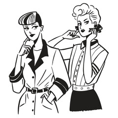 Two fashionable women in a 1950s-inspired black-and-white cartoon style, bold lines, confident poses, one in a skirt suit, the other in a short skirt and sweater, mid-century modern illustration style