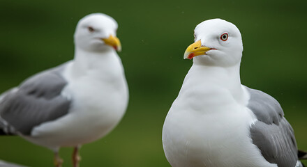 Obraz premium Close Up of Two Seagulls with Bright Yellow Beaks and Gray Wings