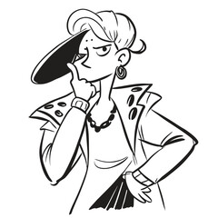 one fashionable women in a 1950s-inspired black-and-white cartoon style, bold lines, confident poses, one in a skirt suit, the other in a short skirt and sweater, mid-century modern illustration style