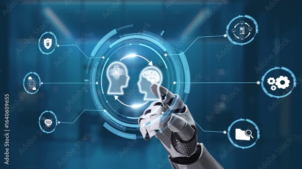 Poster a futuristic robotic hand interacts with a digital interface showcasing various artificial intellige